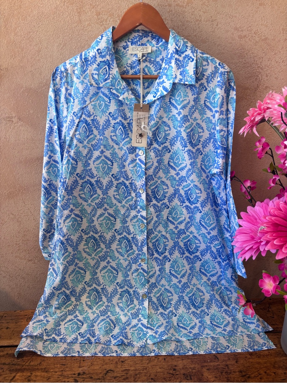 ESCAPE Blue Printed Button-Front Tunic Top. 100% cotton